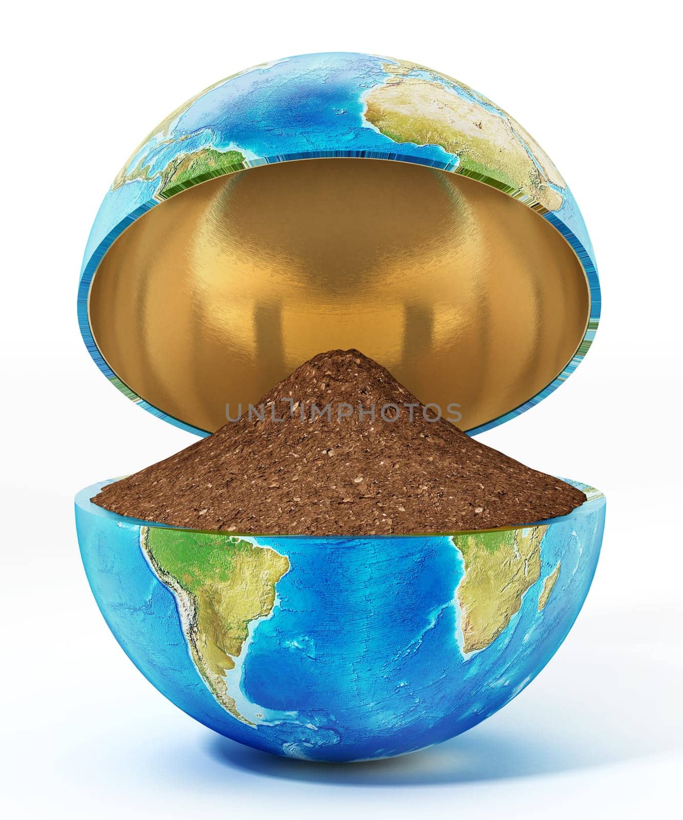 Half open globe with soil isolated on white background. 3D illustration.