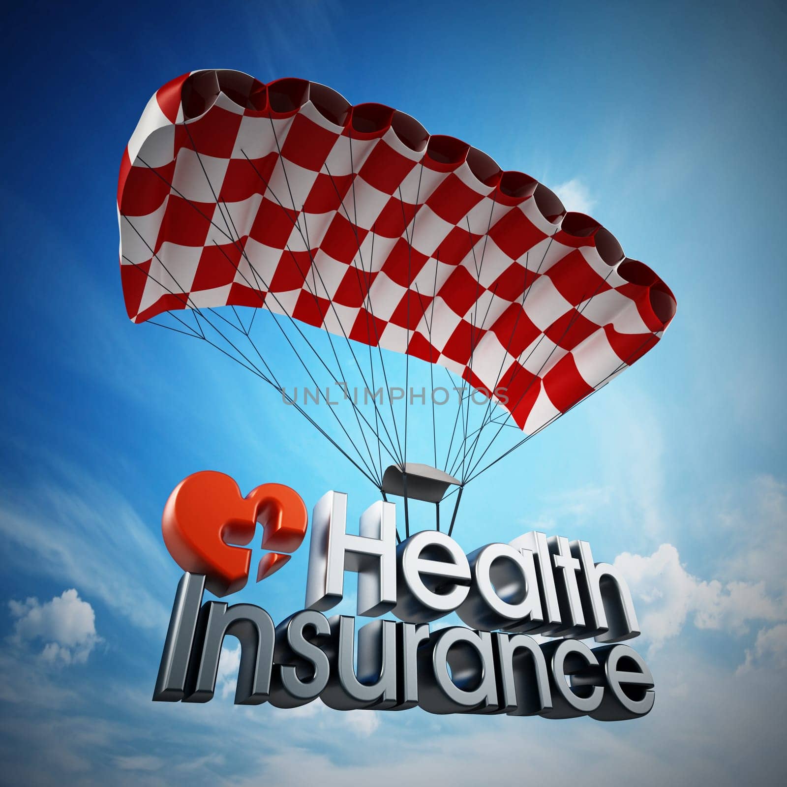Health insurance text landing with a parachute. 3D illustration.