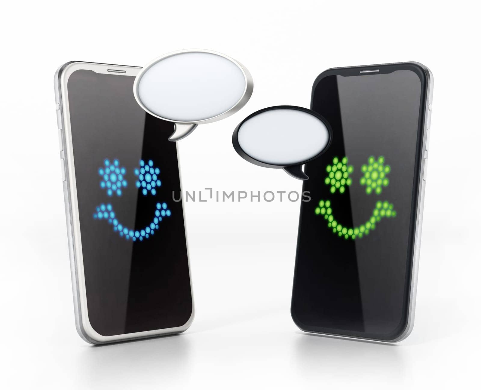 Smartphones communicating each other with blank speech balloons. 3D illustration.