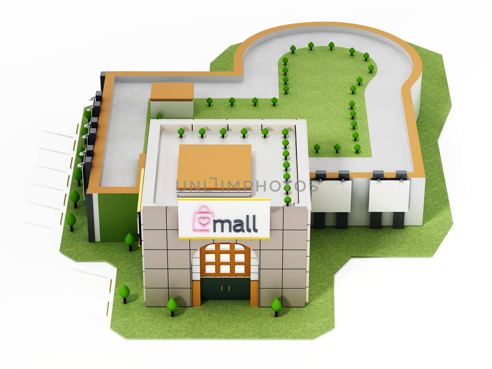 Generic shopping mall building isolated on white background. 3D illustration.
