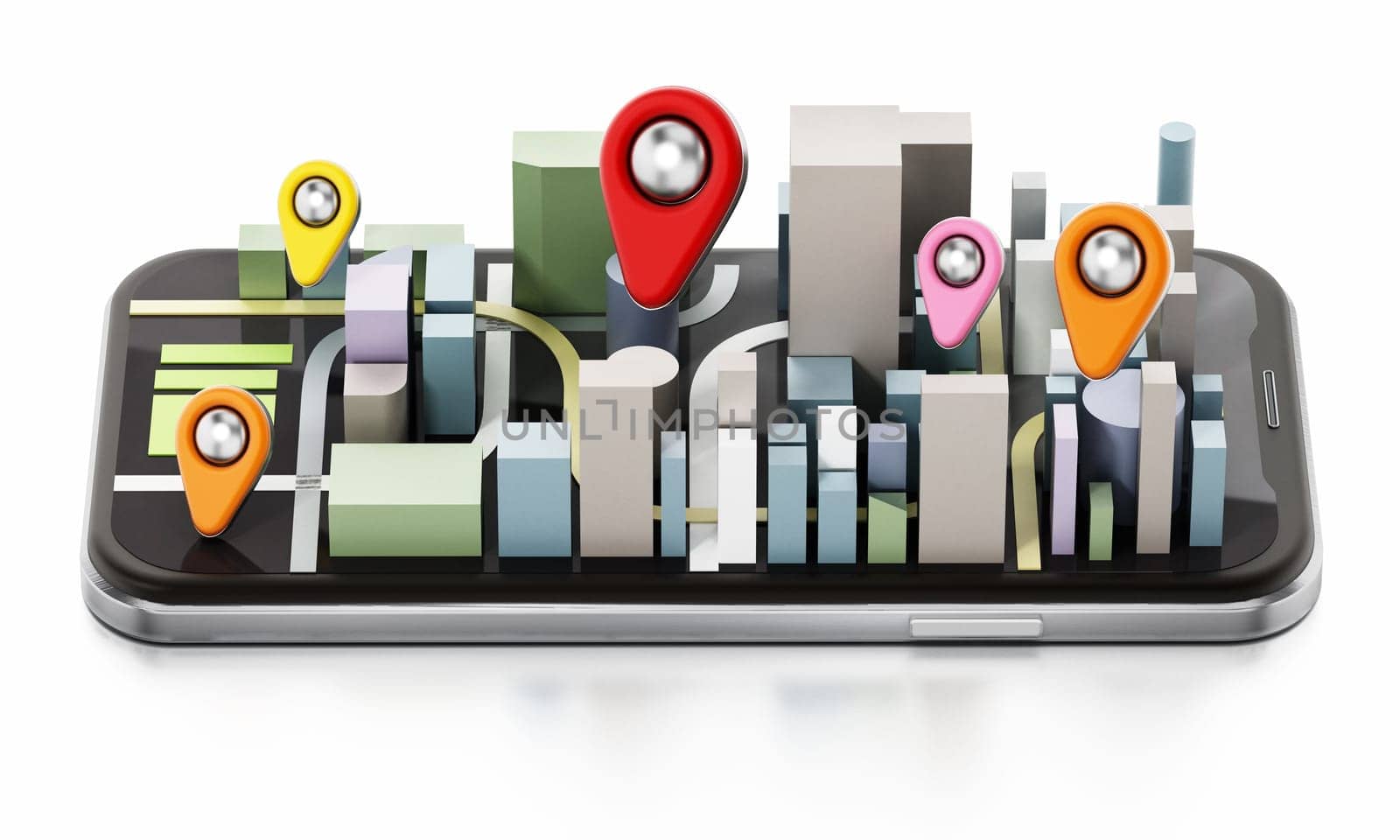 City buildings and colored pins on smartphone. 3D illustration.