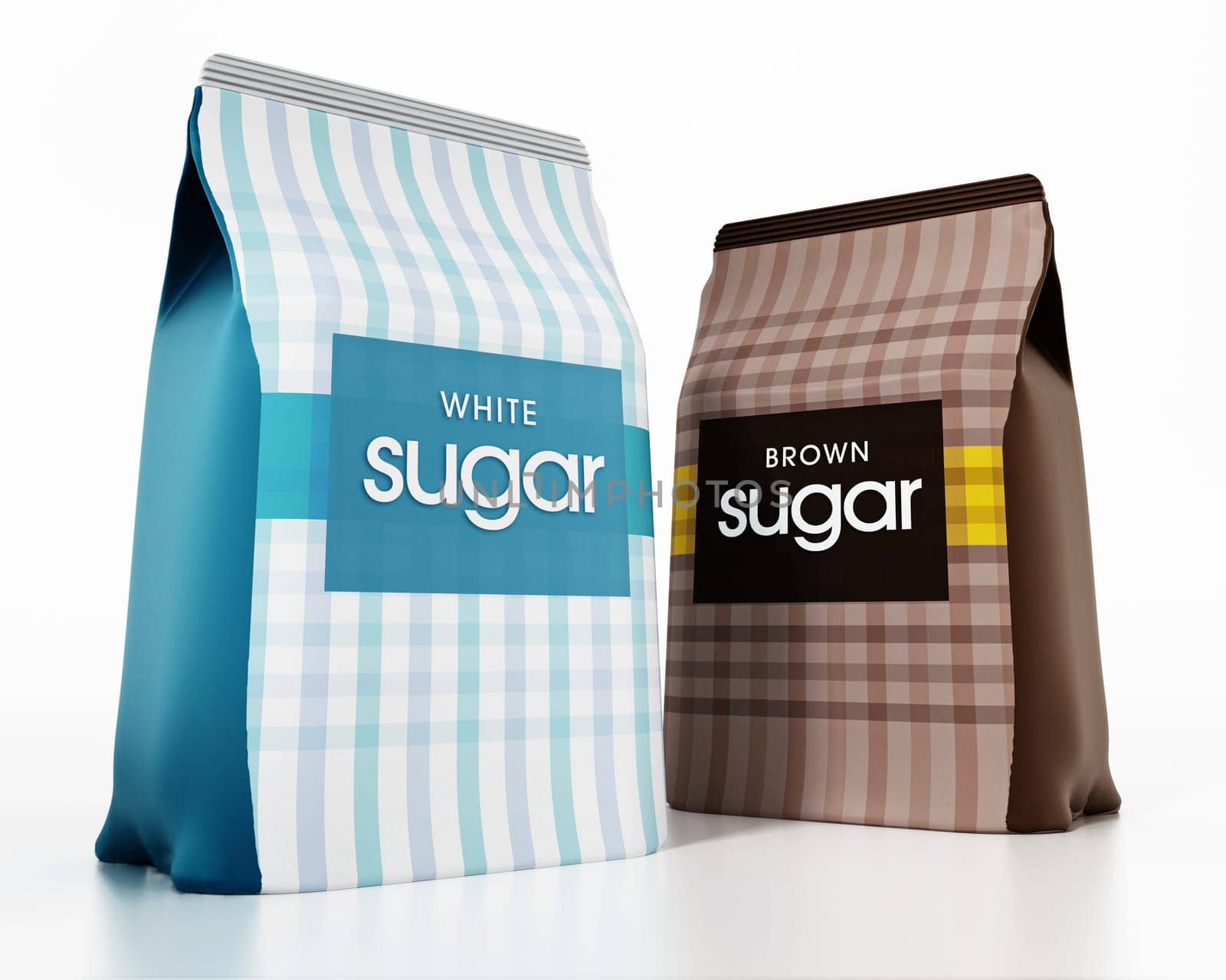 White and brown granulated sugar packages isolated on white background. 3D illustration.