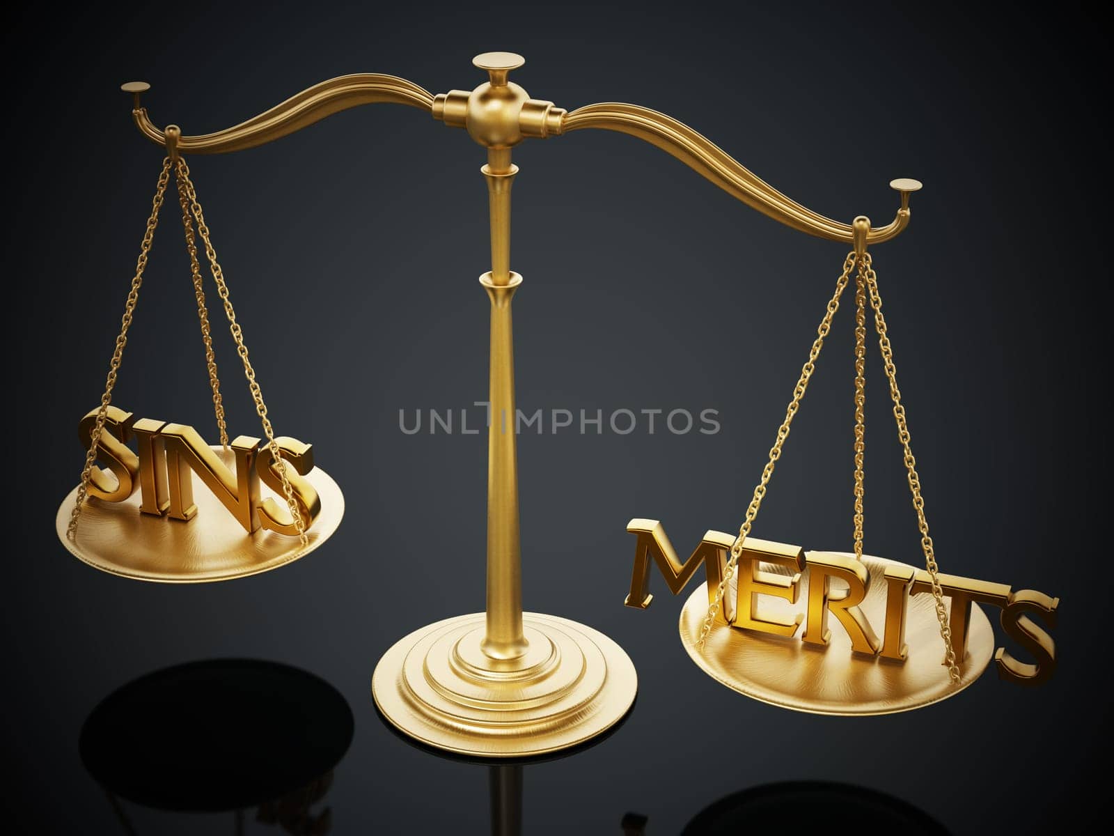 Balanced scale with sins and merits on two sides. 3D illustration.