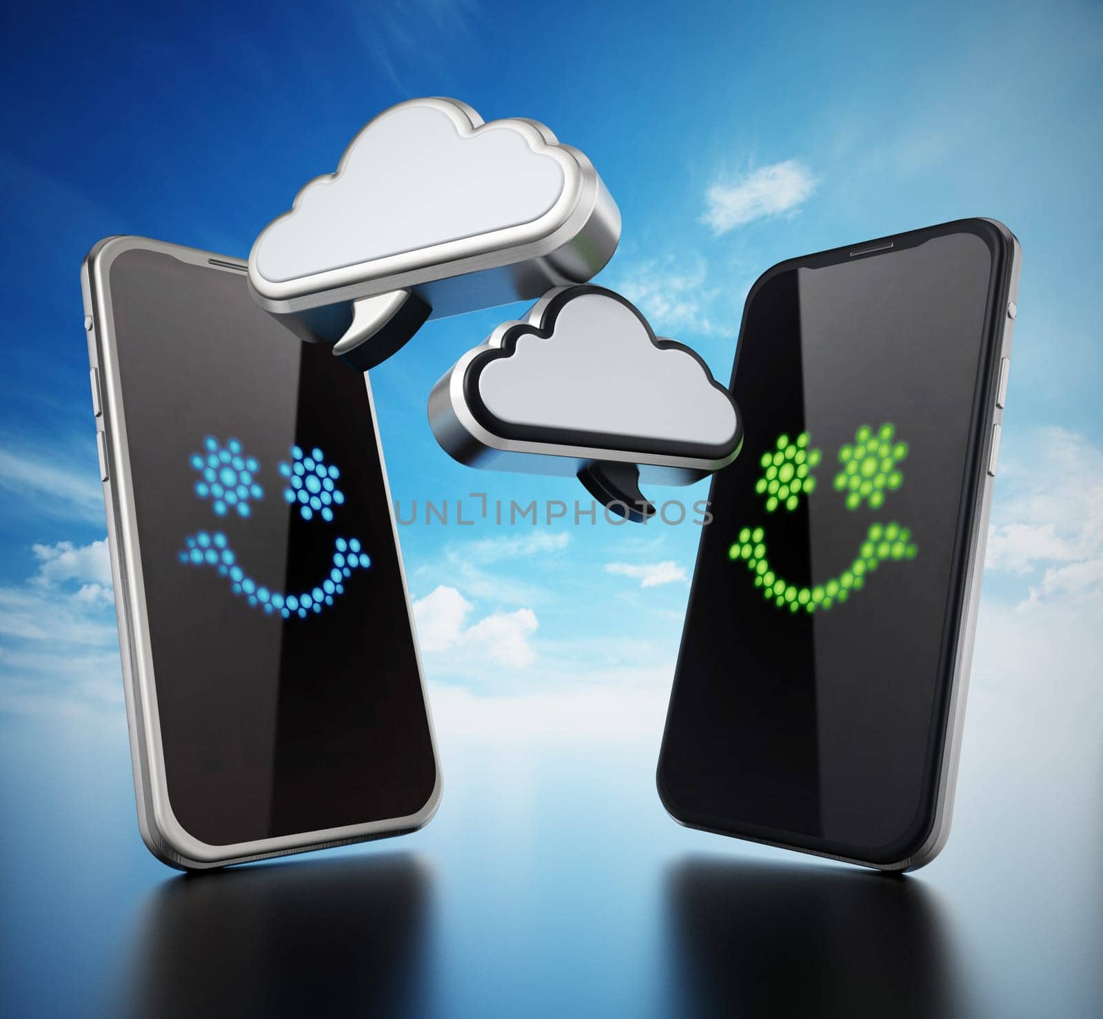 Smartphones with cloud shaped speech balloons. 3D illustration.