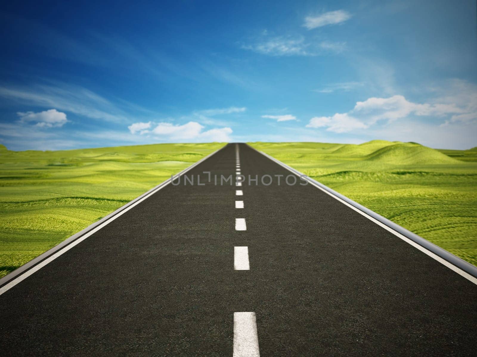 Empty highway road leading to blue sky. 3D illustration.