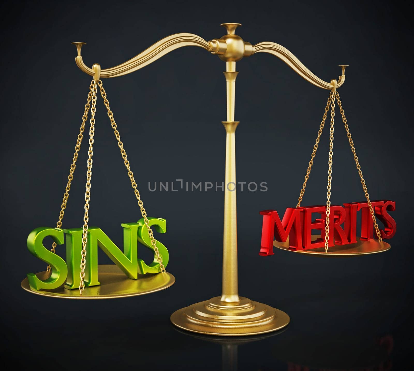 Balanced scale with sins and merits on two sides. 3D illustration.