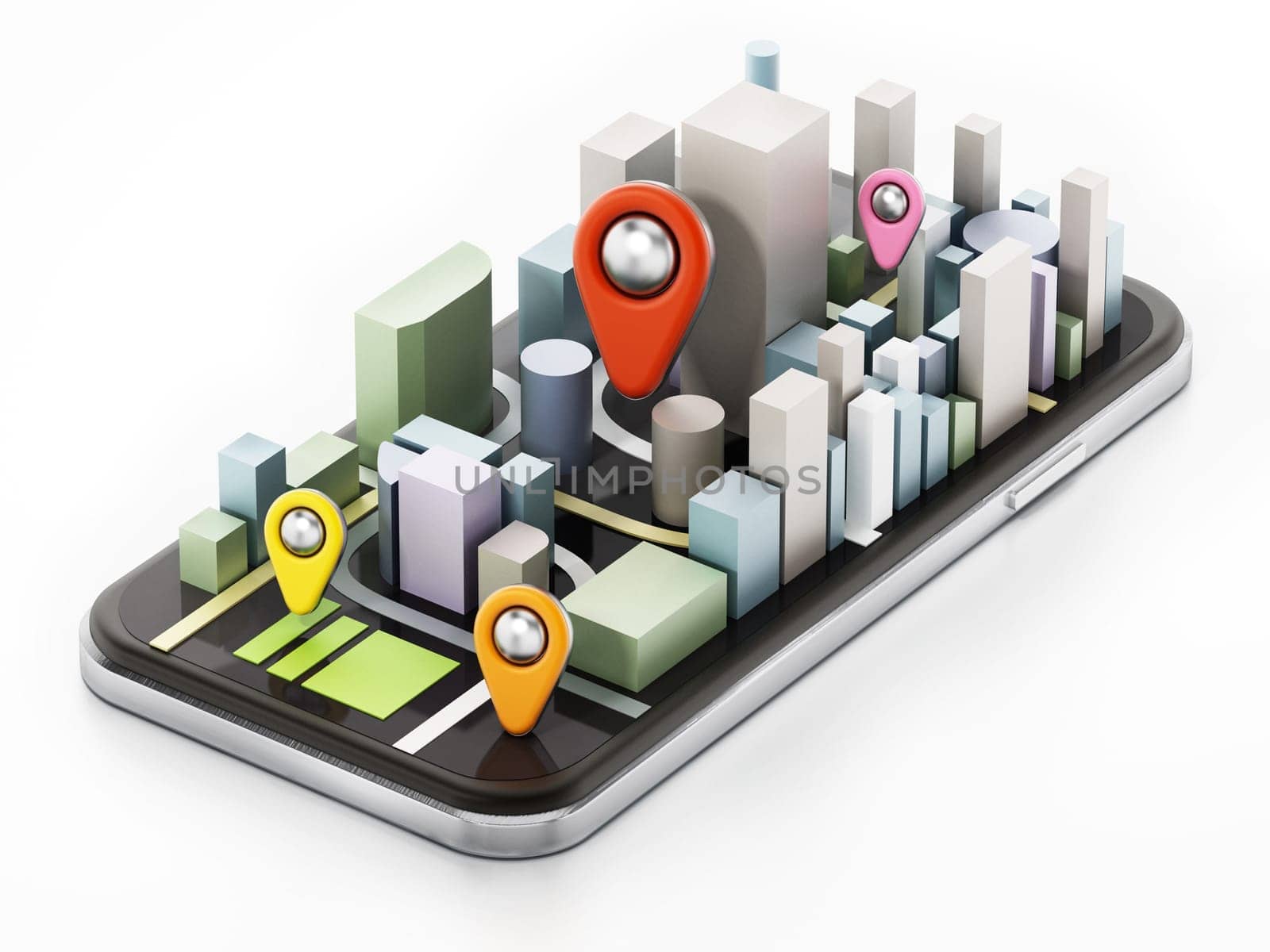 City buildings and colored pins on smartphone. 3D illustration.