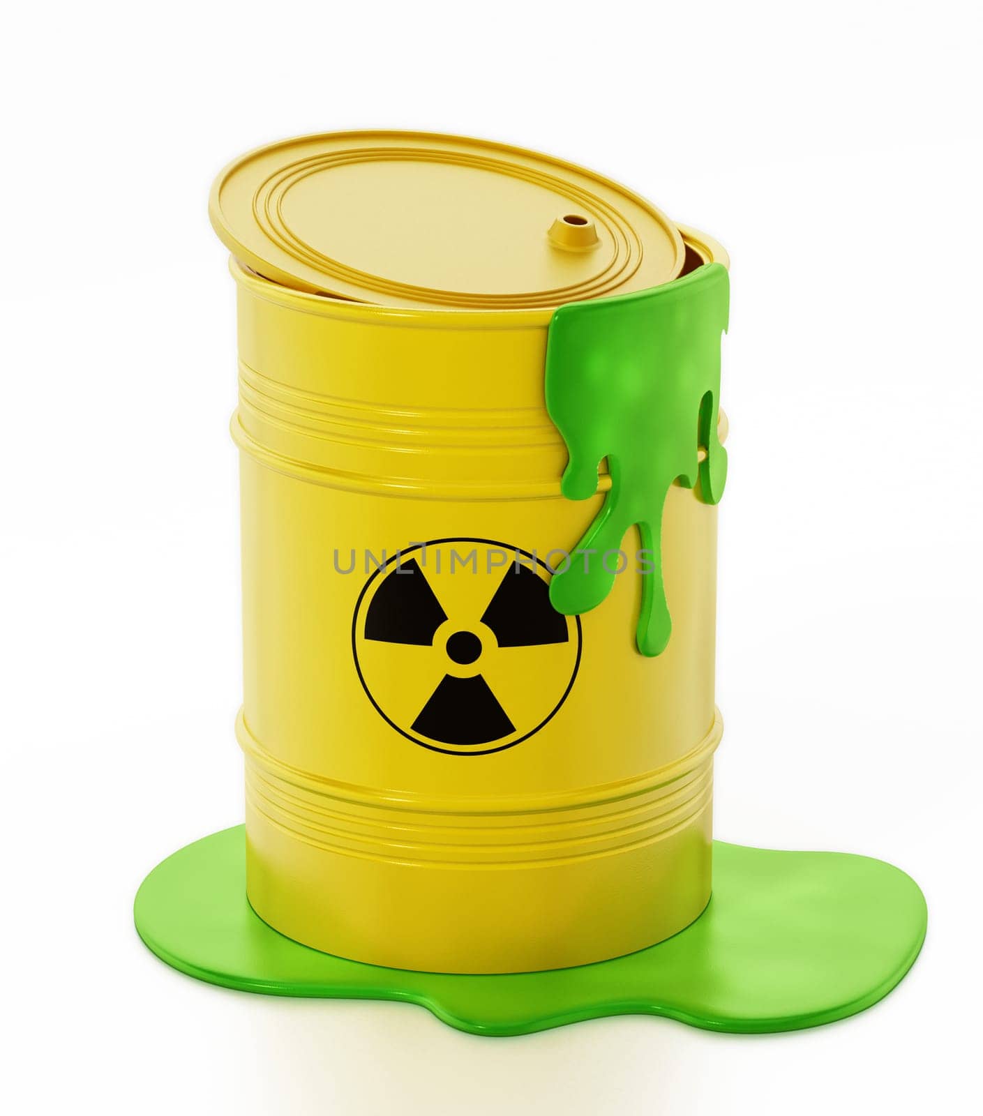 Toxic barrels with a leaking green substance. 3D illustration.
