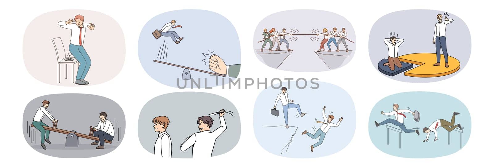 Set of businesspeople involved in work competition with colleagues at workplace. Collection of employees or workers compete with job rivals. Competitors and rivalry. Vector illustration.