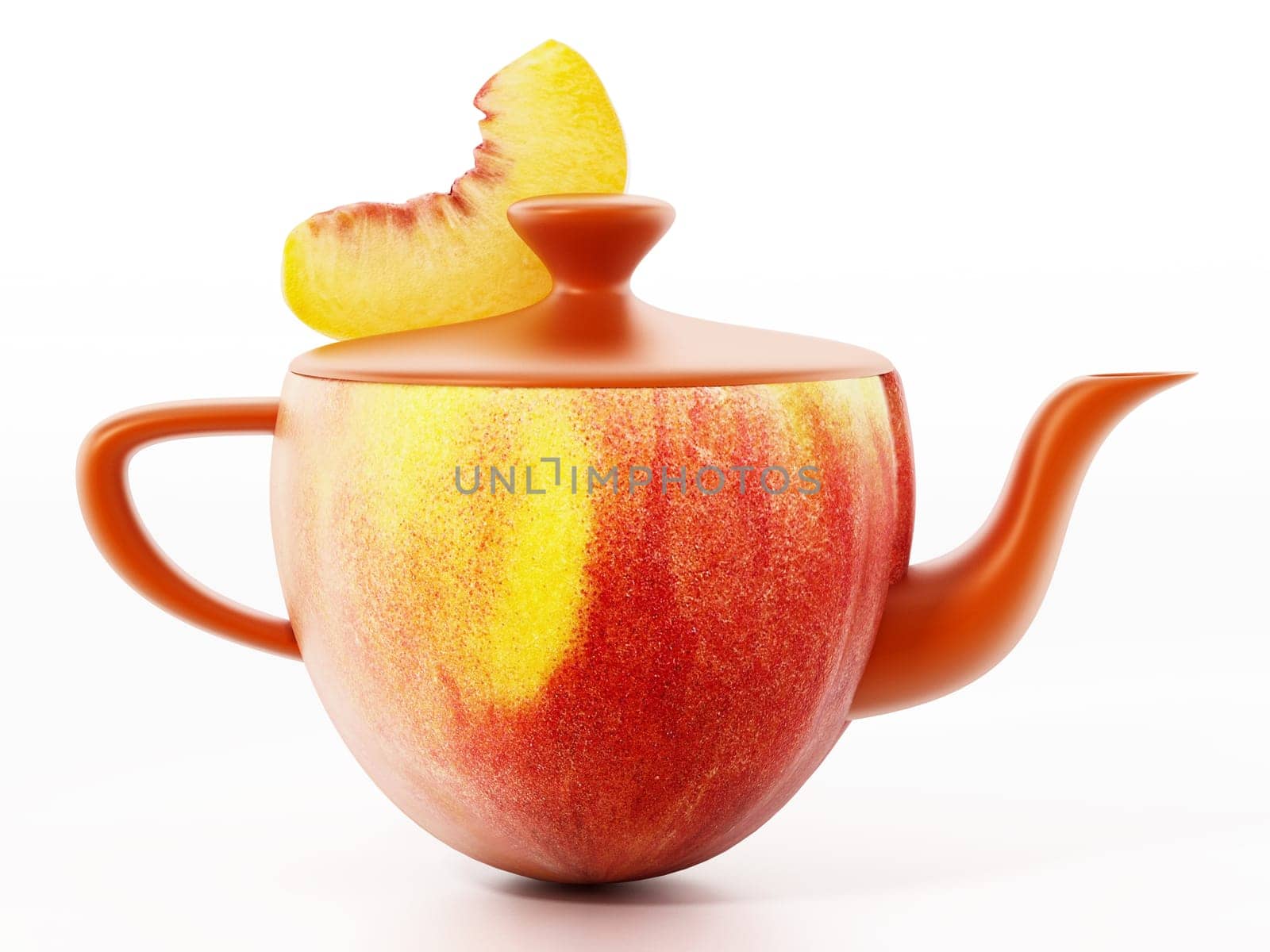 Half peach combined with teapot with a slice of peach. 3D illustration.