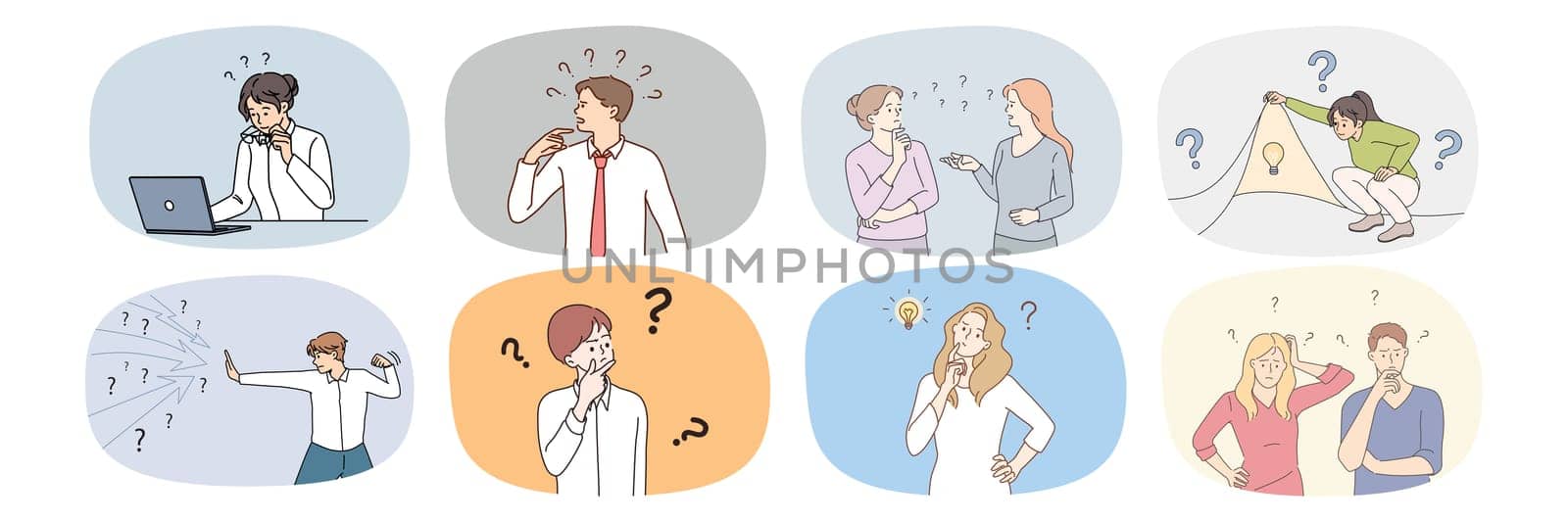 Set of confused diverse people with question mark wonder about problem solution. Collection of persons frustrated about issue solving look for answer. Dilemma concept. Vector illustration.