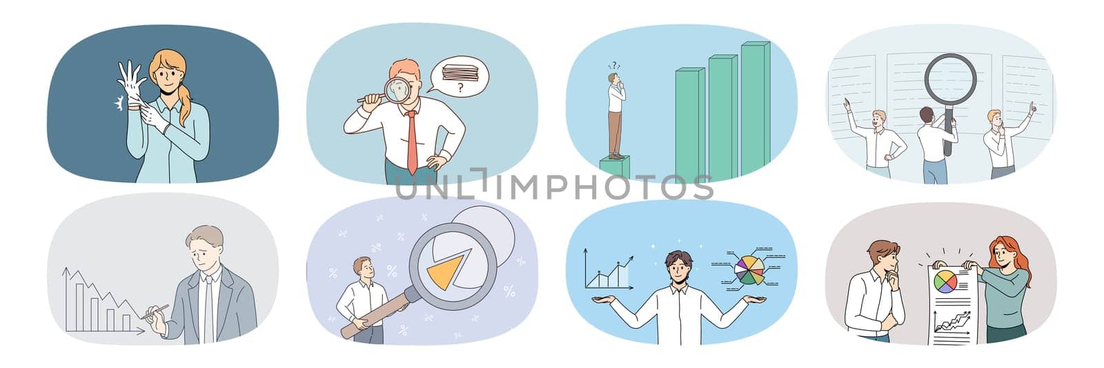 Set of diverse office employees work with charts and diagrams explore financial statistics. Collection of businesspeople brainstorm develop finance startup. Banking concept. Vector illustration.