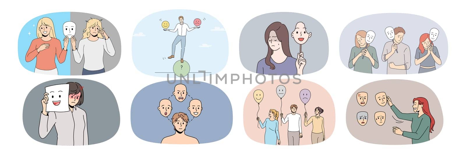 Set of diverse people with different emotions have bipolar disorder need psychological help. Collection of unhealthy men and women suffer from mental psychiatric problems. Vector illustration.