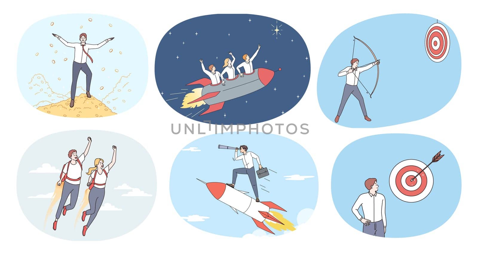 Set of businessman feel motivated achieve work goal or target. Collection of male employee or worker strive for career success or accomplishment. Motivation, leadership. Vector illustration.
