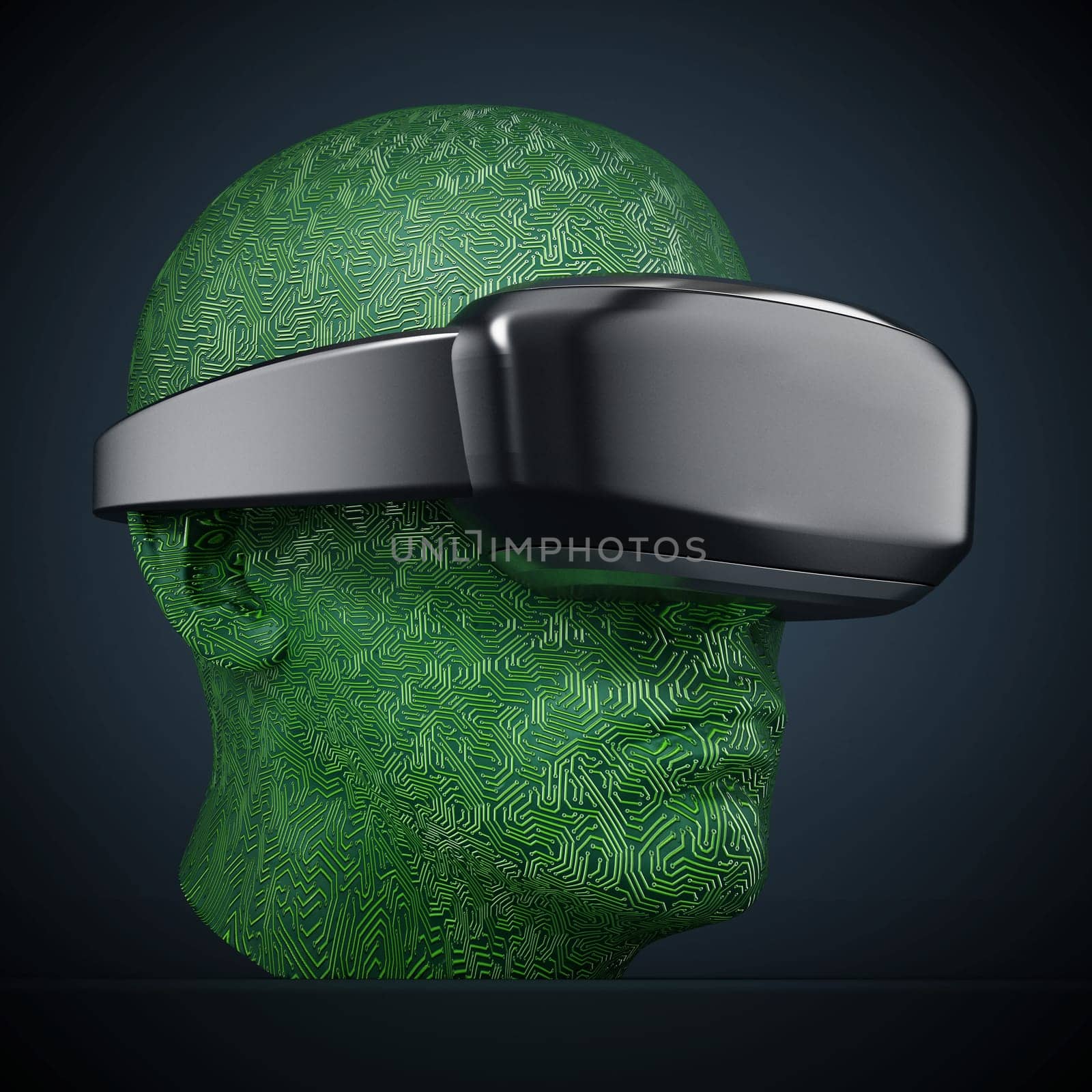 Virtual reality headset on pcb textured human face. 3D illustration.