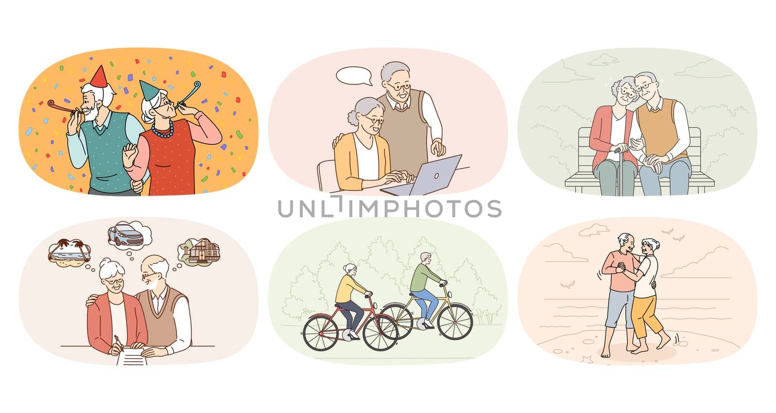 Set of overjoyed energetic grandparents have fun relax together. Collection of happy old people enjoy active maturity and pension. Elderly lifestyle and retirement. Flat vector illustration.