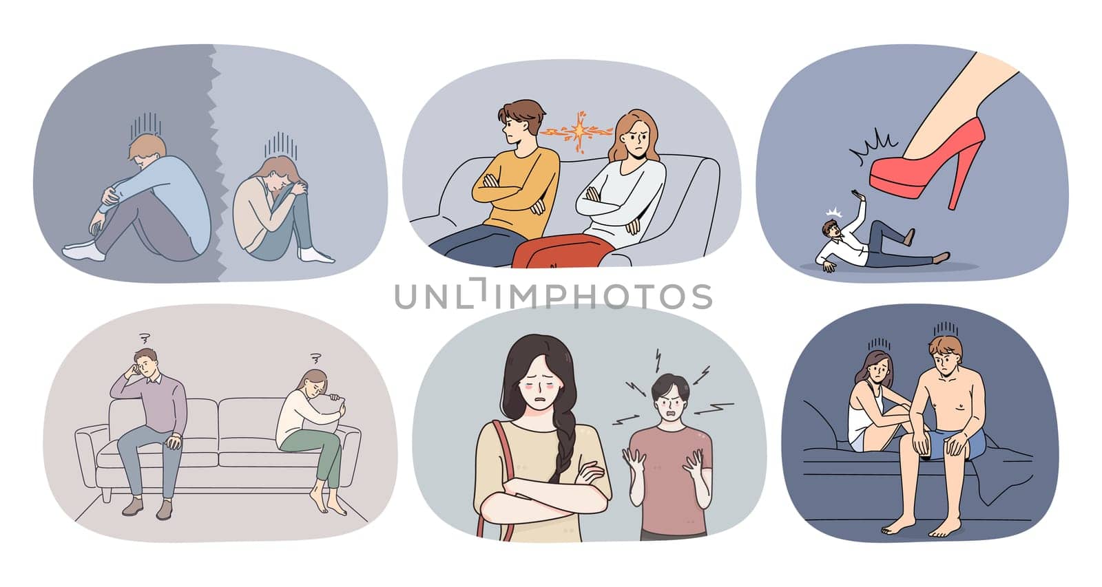 Set of distressed unhappy couple suffer relationships problems. Collection of man and woman feel upset think of divorce or breakup. Relation trouble concept. Split. Vector illustration.