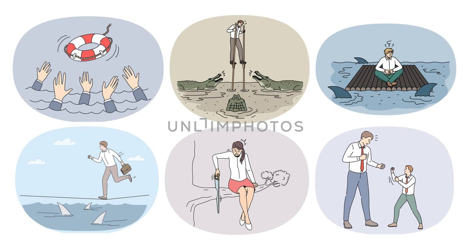Set of diverse businesspeople in risky situations. Collection of employees or workers risk involved in challenging projects or startups. Business problems concept. Vector illustration.