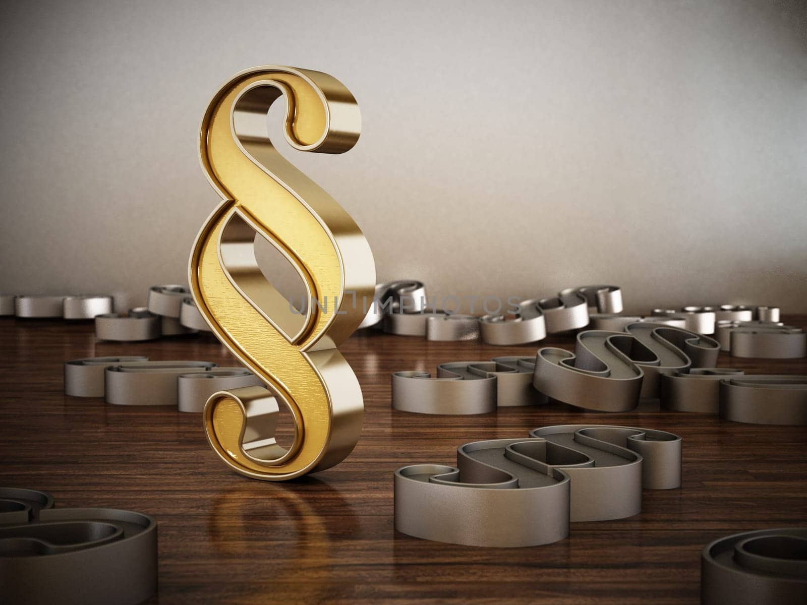Gold paragraph symbol standing out among iron icons. 3D illustration.