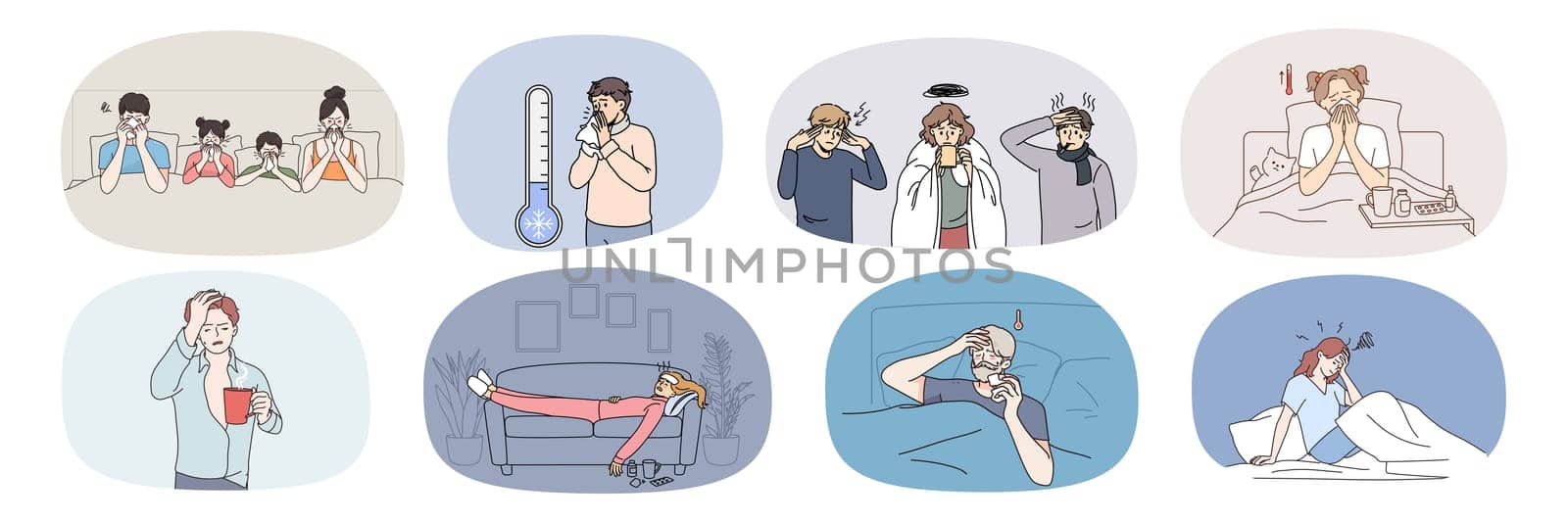 Collection of diverse unhealthy people have flu or fever cough and sneeze with high temperature. Set of sick humans on isolation stay at home have covid-19. Healthcare. Vector illustration.