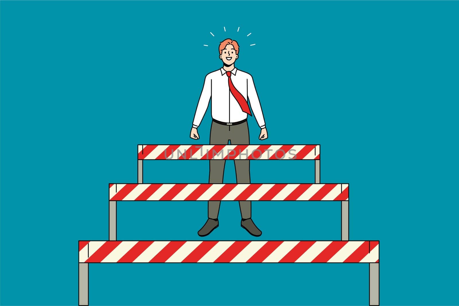 Businessman stand overcome obstacles on way to career or work success. Motivated happy man employee pass barriers to achievement. Challenge and accomplishment. Vector illustration.