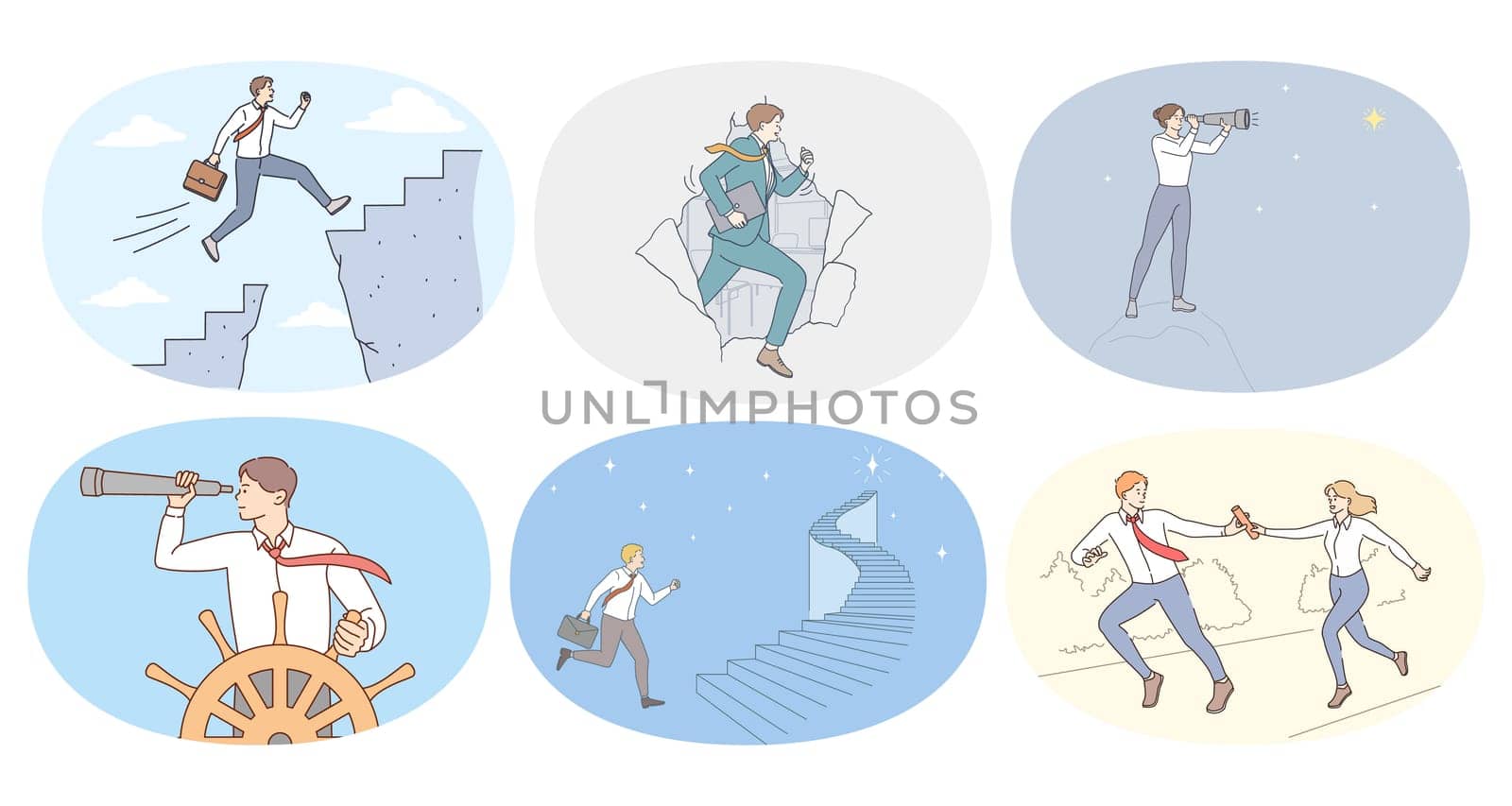 Set of diverse businesspeople run chase strive for business success or accomplishment. Collection of motivated employees achieve aim or target. Motivation concept. Vector illustration.