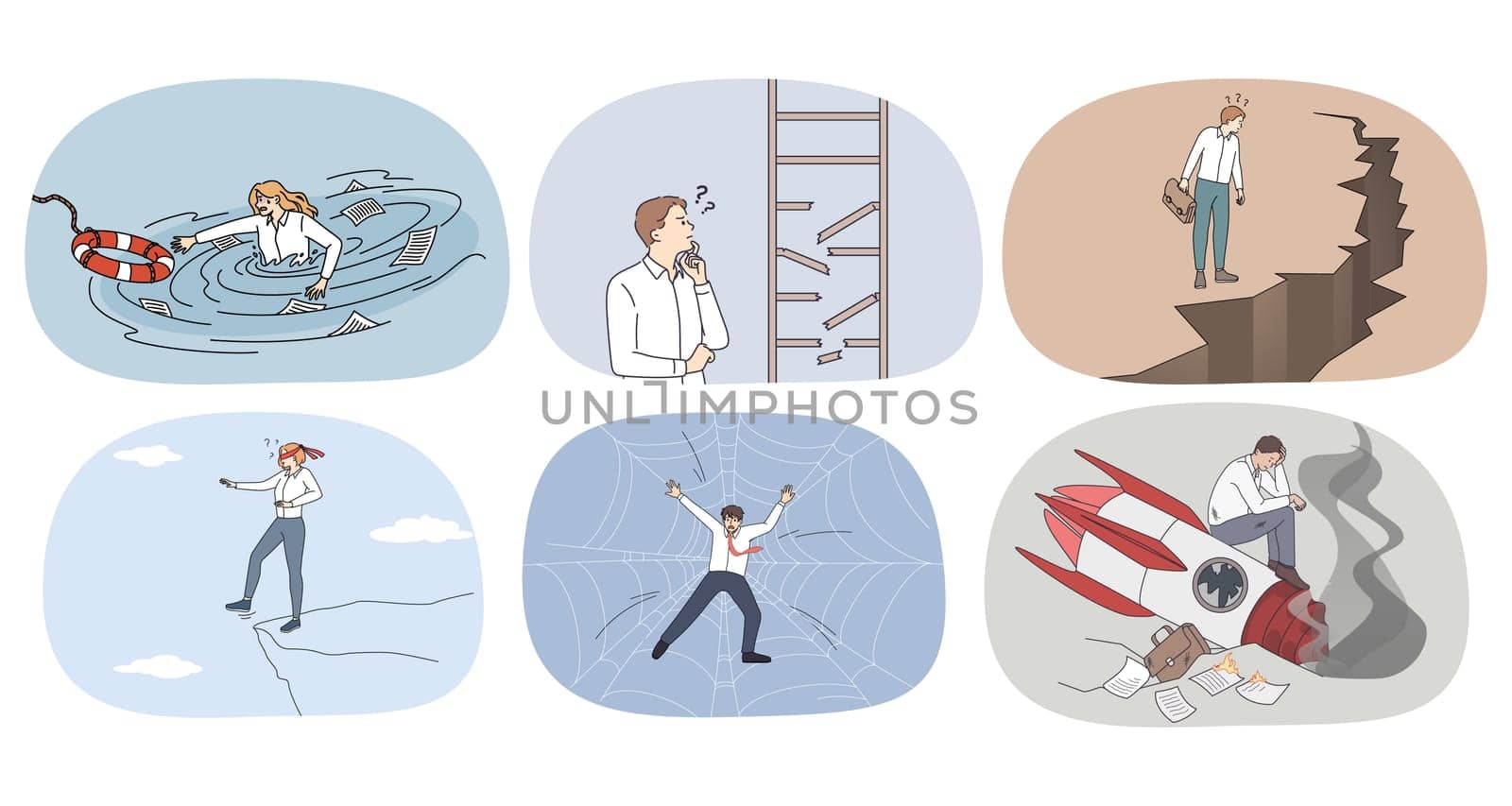 Collection of businesspeople distressed with work failure or crisis. Set of diverse employees or workers stuck in risky job situation. Concept of fail and bankruptcy. Vector illustration.