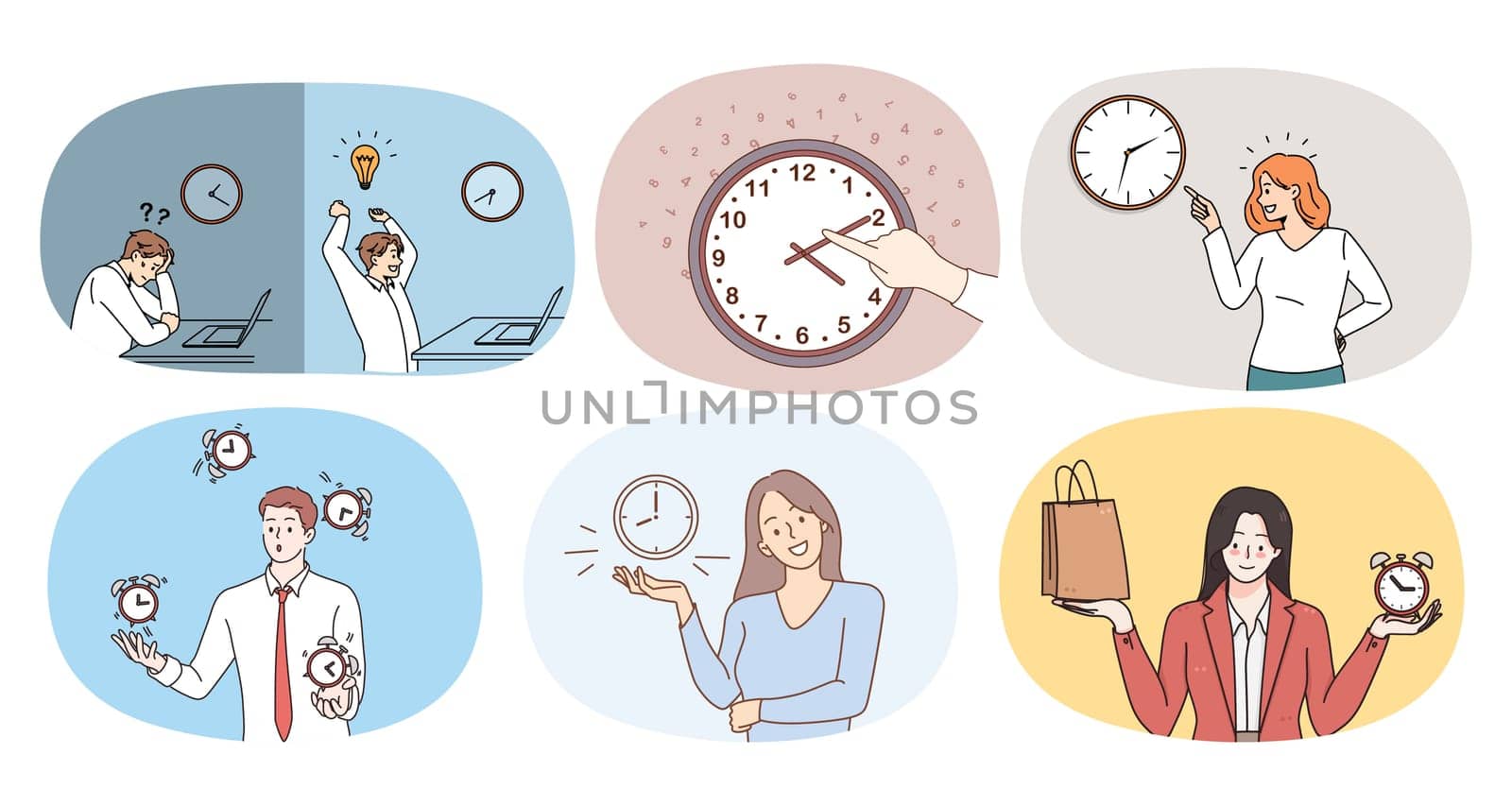 Set of diverse people relations with time. Collection of men and women follow timeline in life or at workplace. Time management and good habit. Flat vector illustration.