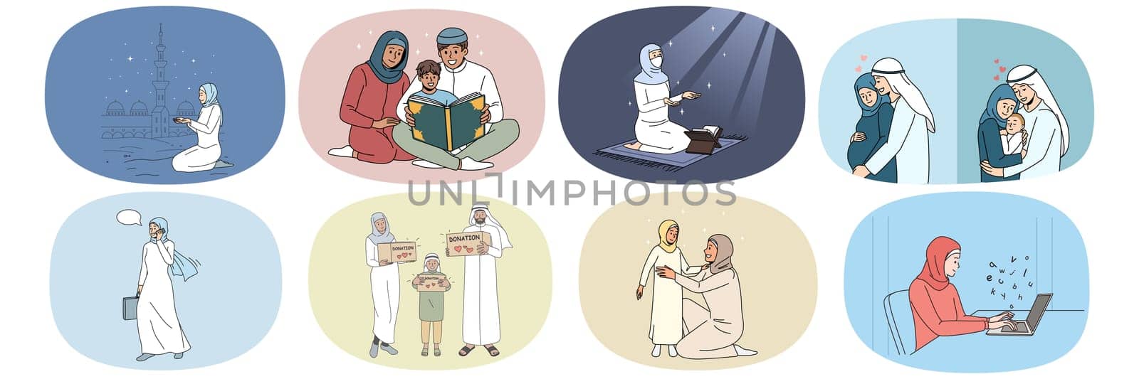 Set of religious Muslim family in traditional clothing praying to Allah. Collection of Arabian people follow moslem traditions and customs. Religion and faith concept. Vector illustration.