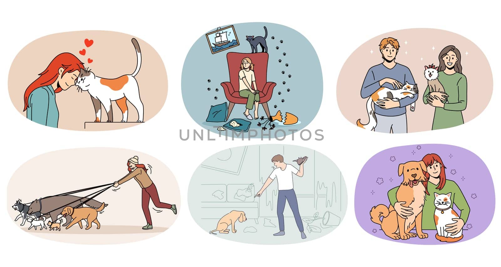 Set of diverse people play with pets by VECTORIUM