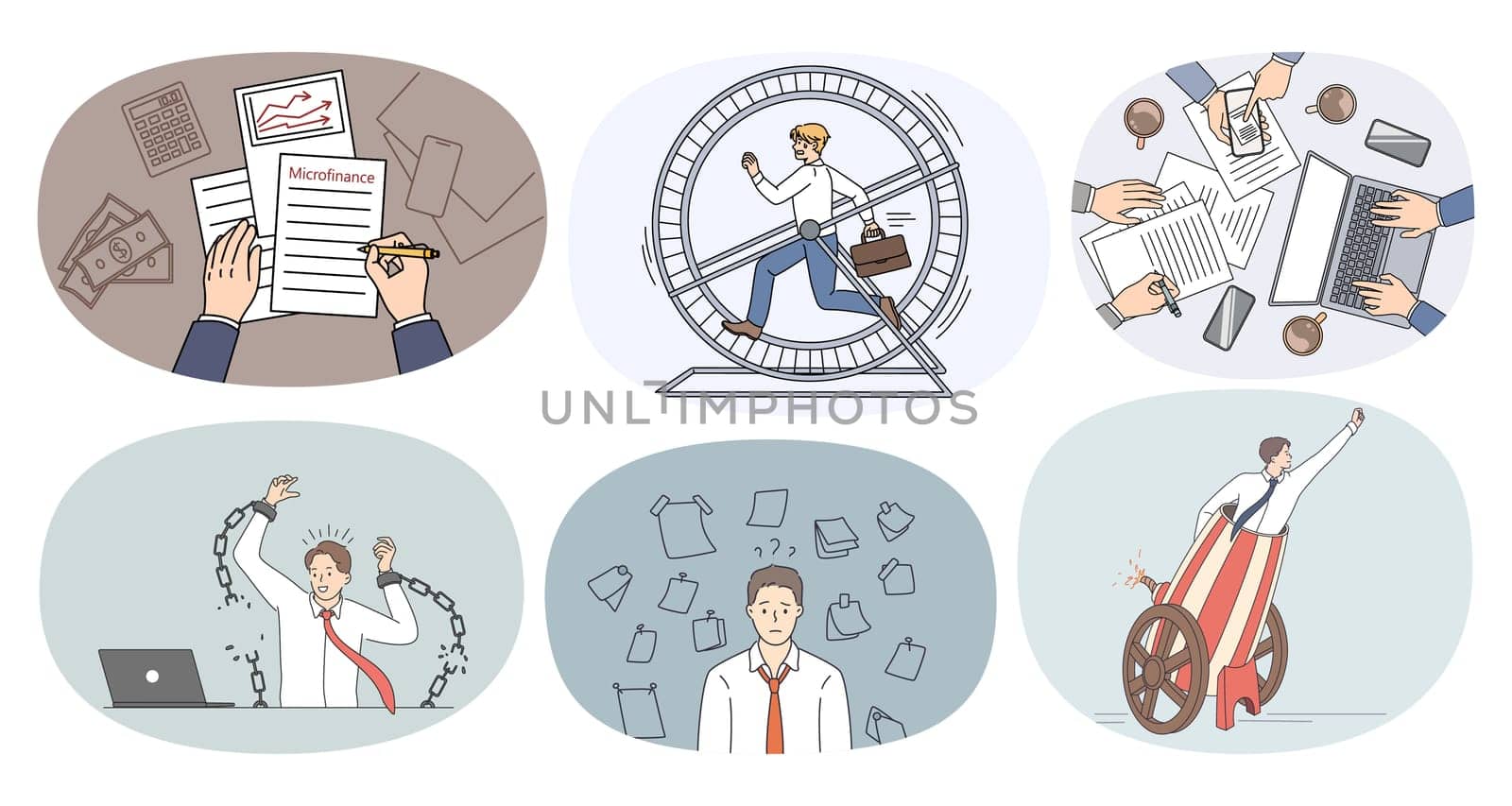 Set of stressed businessman overwhelmed with workload in office. Collection of unhappy tired man employee manage tasks at workplace. Overload and overtime. Vector illustration.