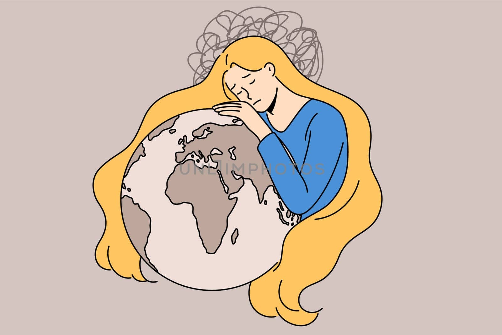 Sad young Ukrainian woman in national colors hug planet Earth stand for peace in Ukraine. Upset girl mourn and grief for land. Stop war, stop Russian aggression. Flat vector illustration.