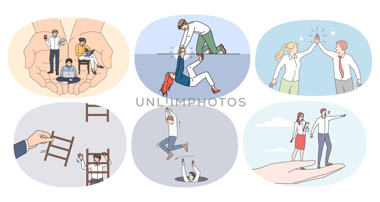 Set of diverse people in different life situations help each other. Collection of colleague or coworkers give helping hand to close. Teamwork and support. Cooperation. Vector illustration.