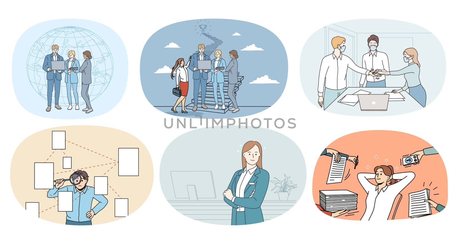Set of diverse businesspeople at work with colleagues or subordinates. Collection of employees or workers collaborate with coworkers. Teamwork and leadership. Vector illustration.