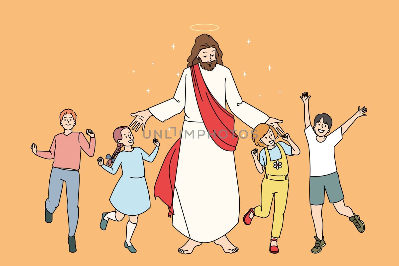 Smiling little kids dancing around Jesus Christ feeling joyful and excited. Jesus share love and care communicate with small children. Faith and religion. Flat vector illustration.