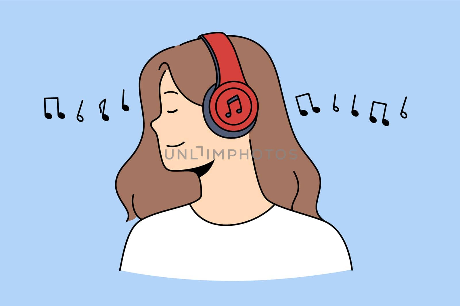 Side view of happy relaxed girl in wireless headphones listen to music. Smiling young woman in modern earphones enjoy good quality sound on gadget. Technology. Vector illustration.
