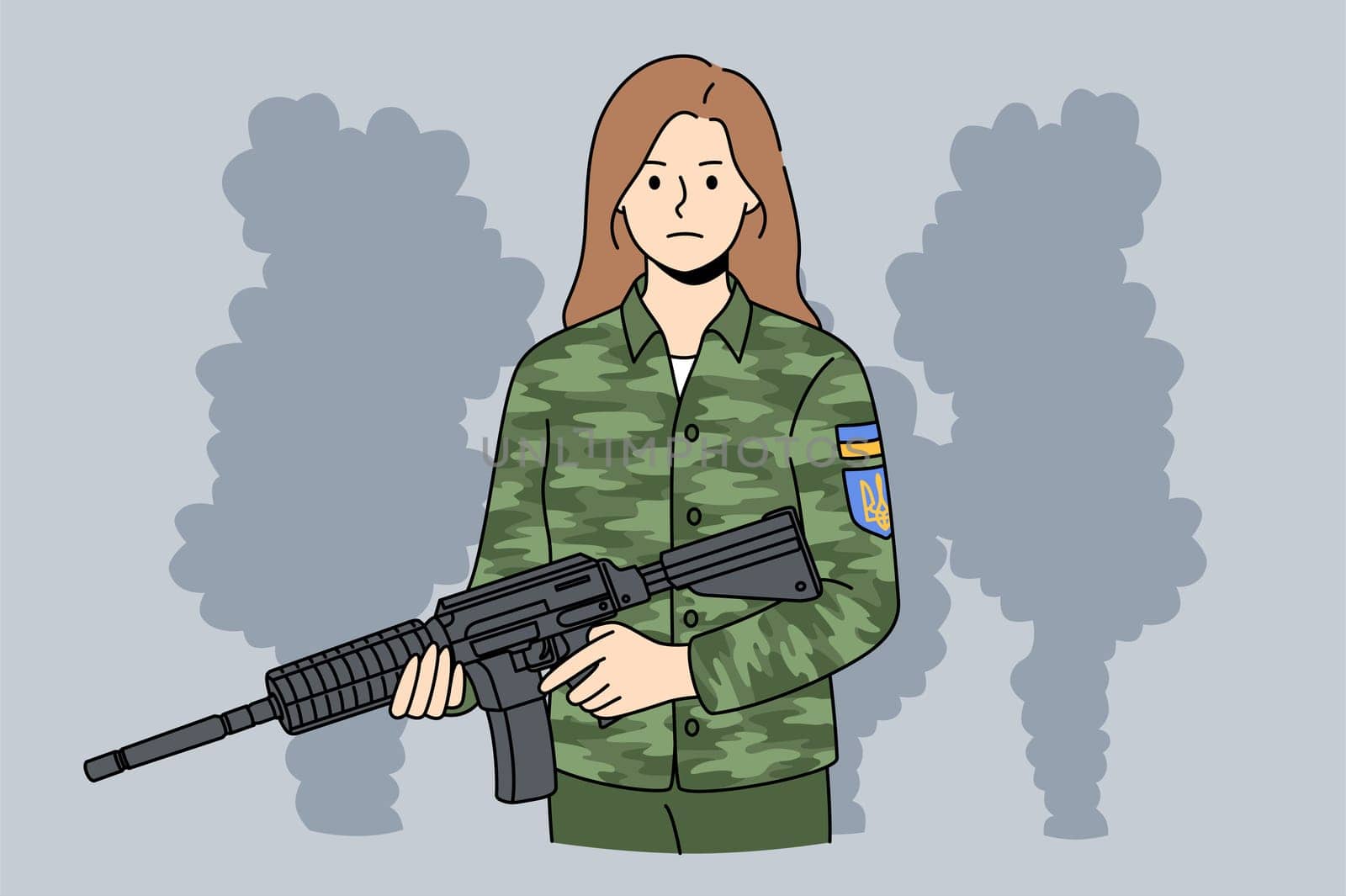Portrait of Ukrainian woman soldier in military uniform with gun fight on war for independence. Courageous female with rifle participate protect country in Ukraine Russia war. Vector illustration.