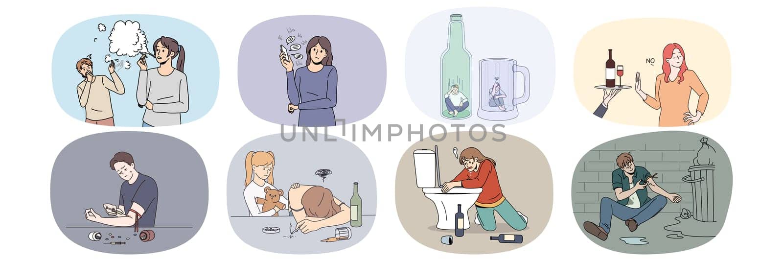 Set of unhappy diverse people suffering from addictions. Collection of men and women struggling with drug and alcohol addictive behavior. Healthcare and bad habits. Vector illustration.