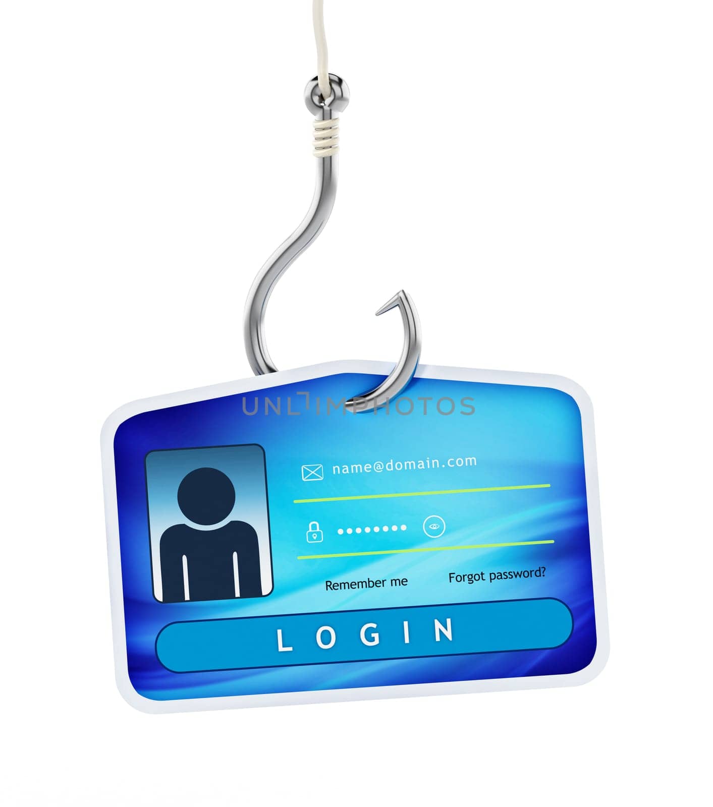 Hook on ID card with login credentials. 3D illustration.