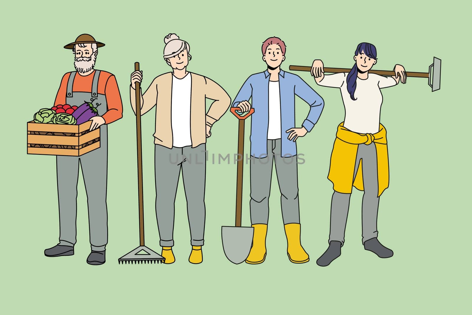 Happy diverse farmers with tools involved in organic farming and rustic cultivation. Men and women gardeners growing eco products. Village gardening and agriculture. Vector illustration.