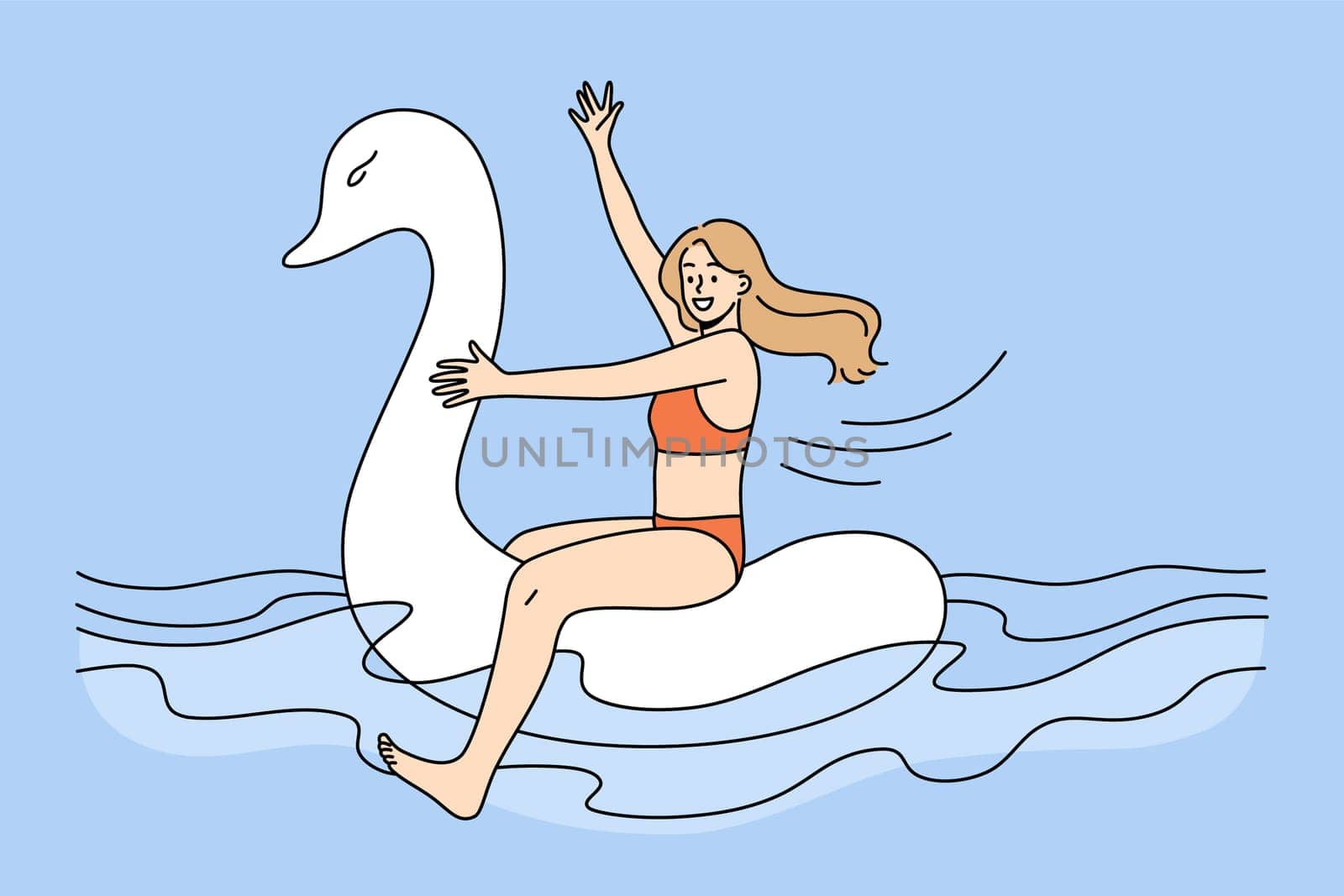 Funny happy girl in swimsuit floating on rubber swan in sea on summer vacation. Smiling young woman in bikini have fun swimming on inflatable ring on holidays. Vector illustration.