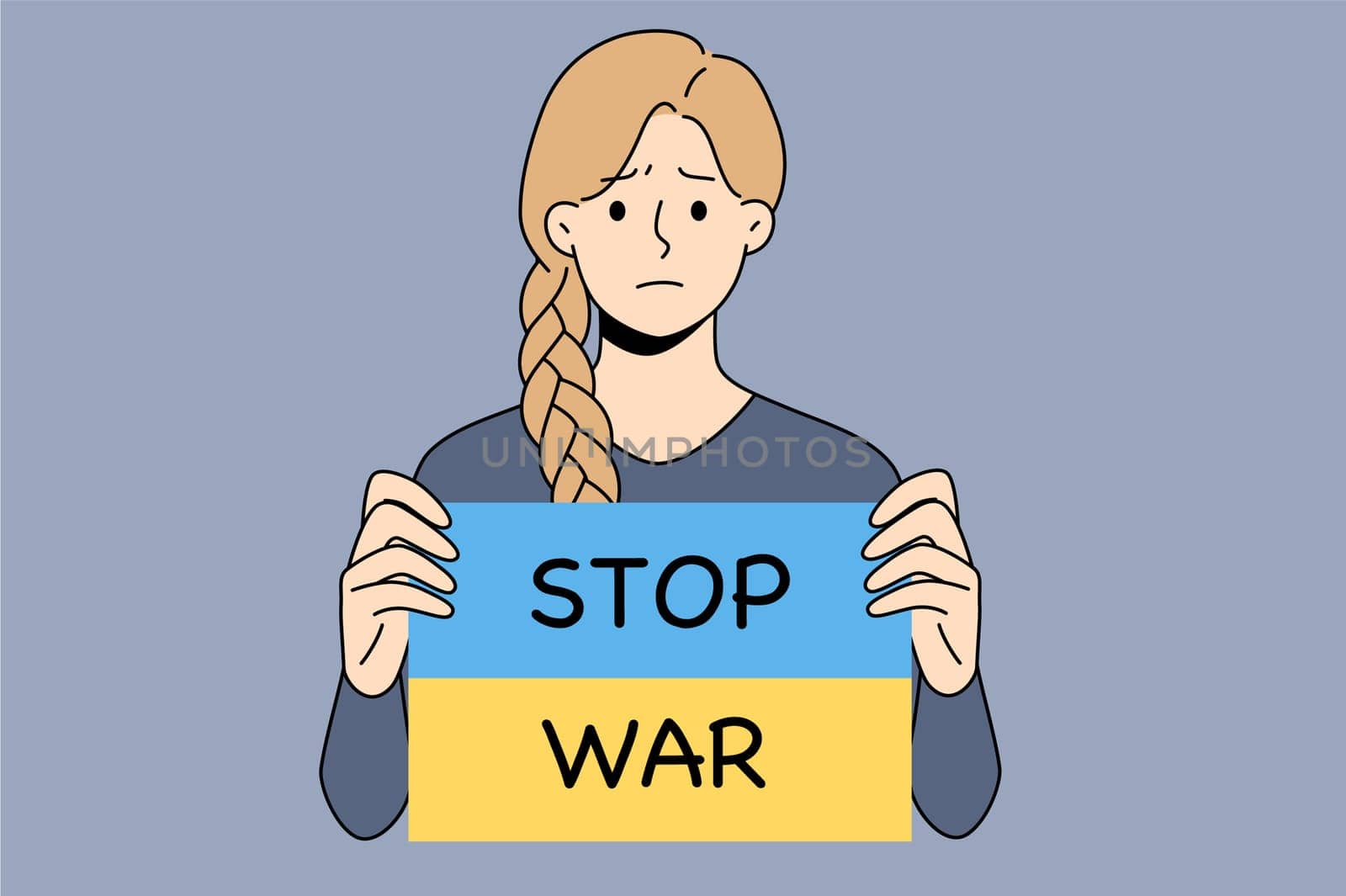 Sad young woman hold banner with Stop war text protest against Russian invasion to Ukraine. Unhappy girl activist support Ukrainian nation demand peace. Flat vector illustration.
