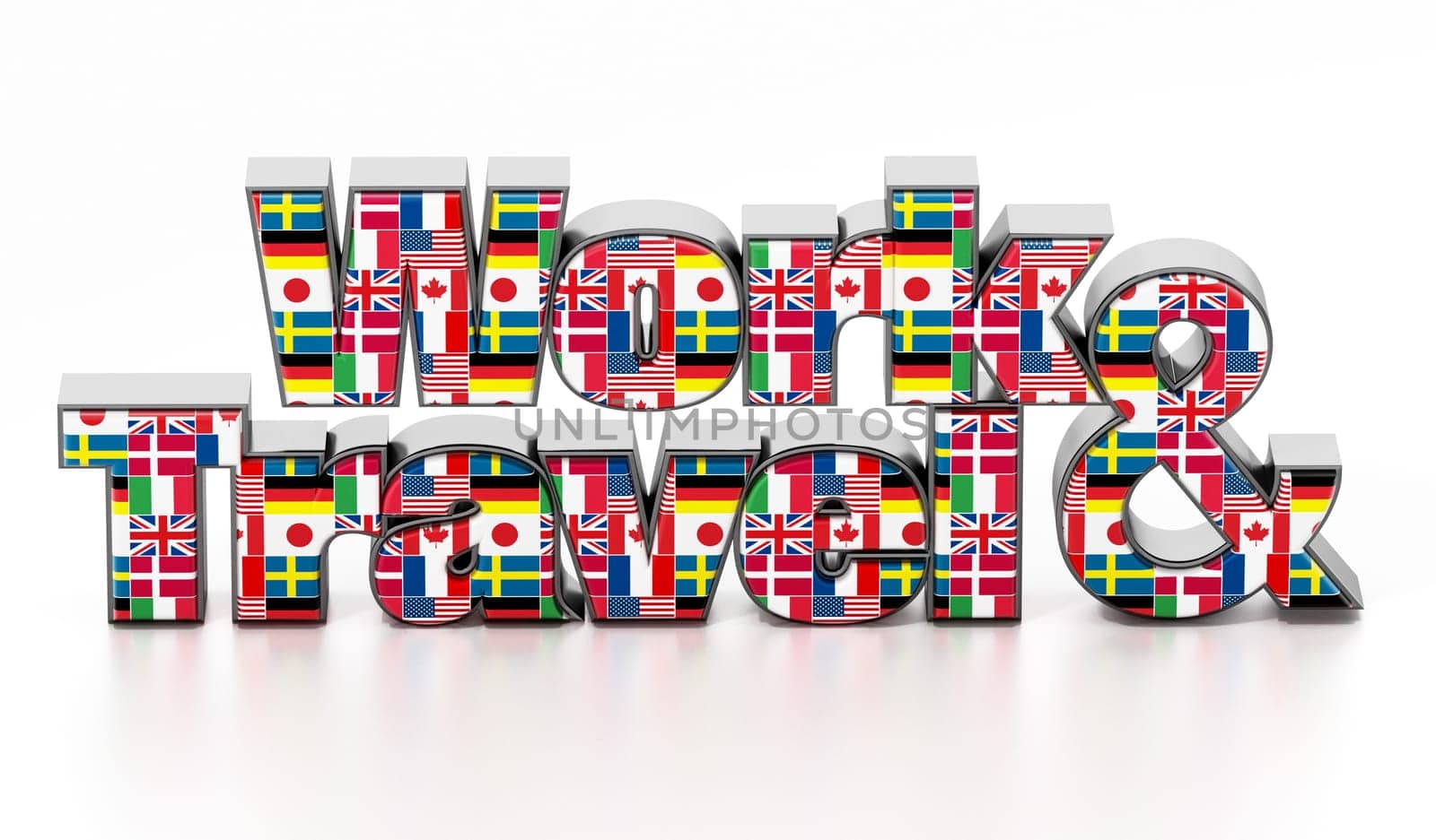 Work and Travel text with country flags. 3D illustration.