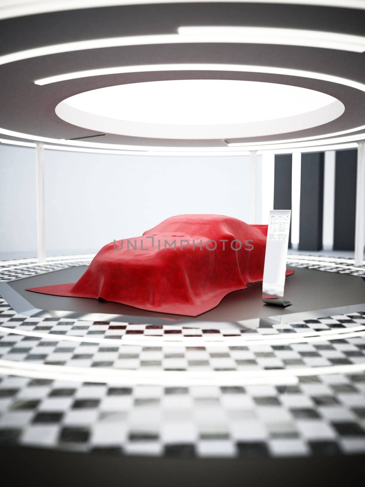 New car model showcase on the podium under the red silk. 3D illustration.