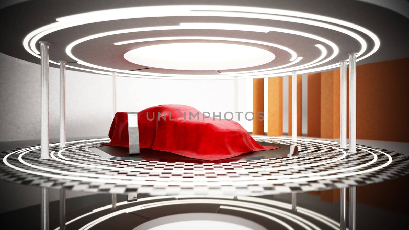 New car model showcase on the podium under the red silk. 3D illustration.