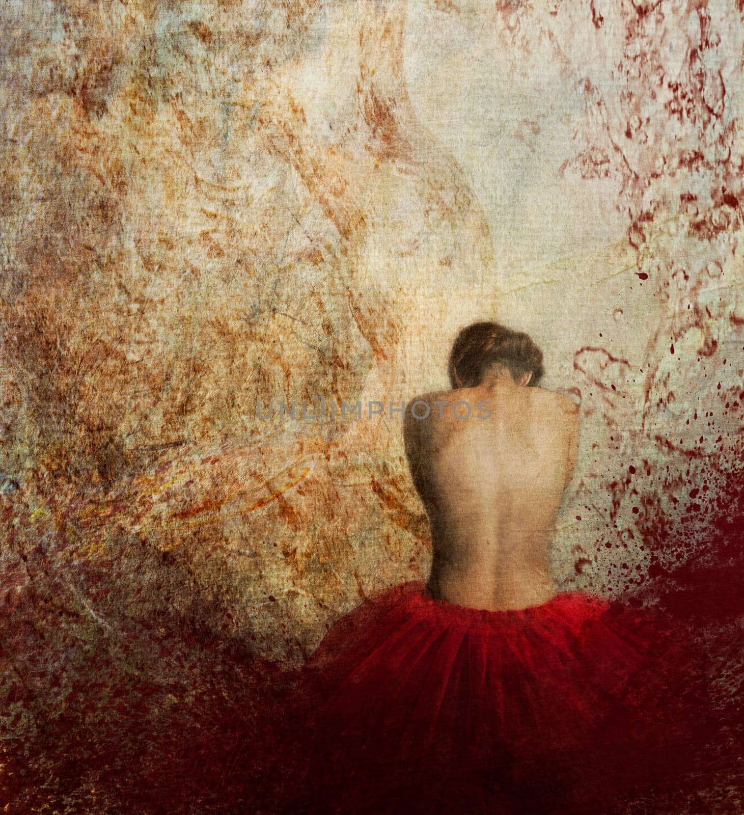 Woman in red dress from behind.