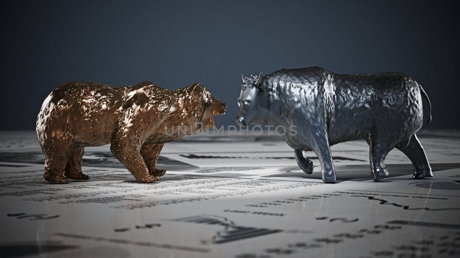Bear and bull figures on economy newspaper pages. 3D illustration.