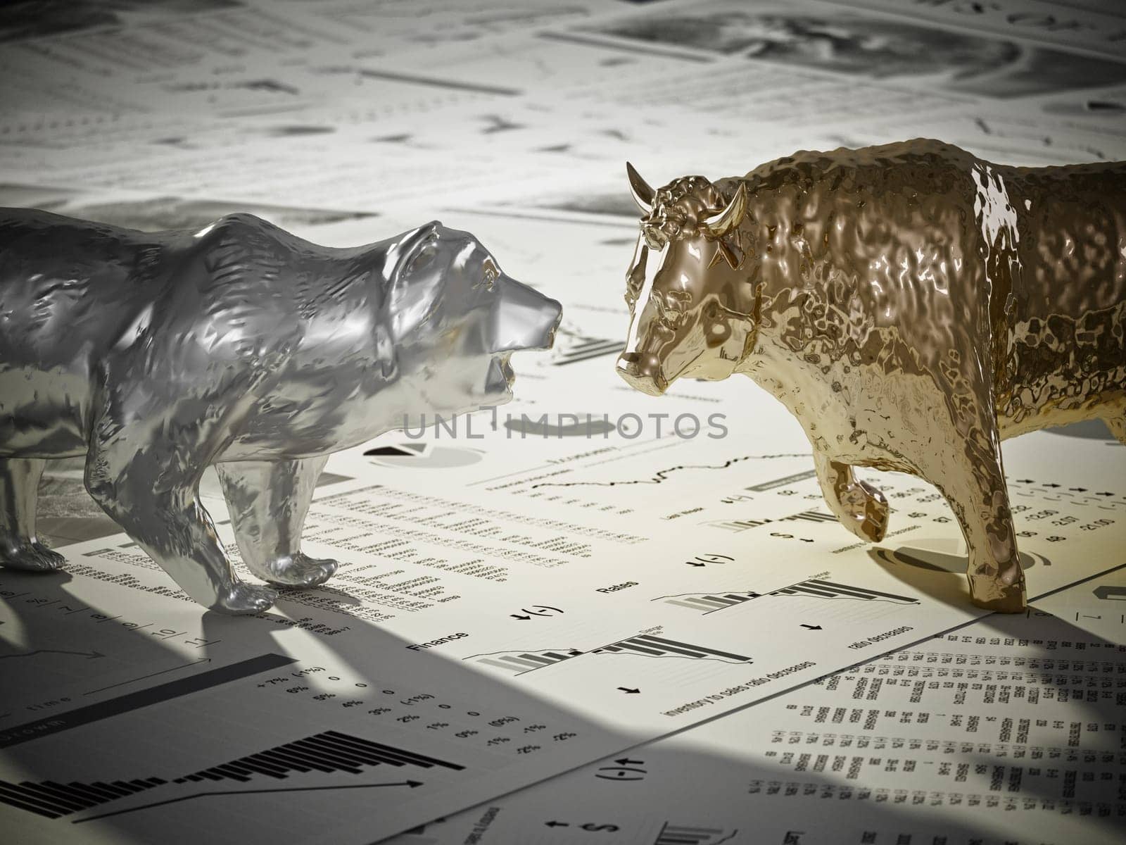 Bear and bull figures on economy newspaper pages. 3D illustration.