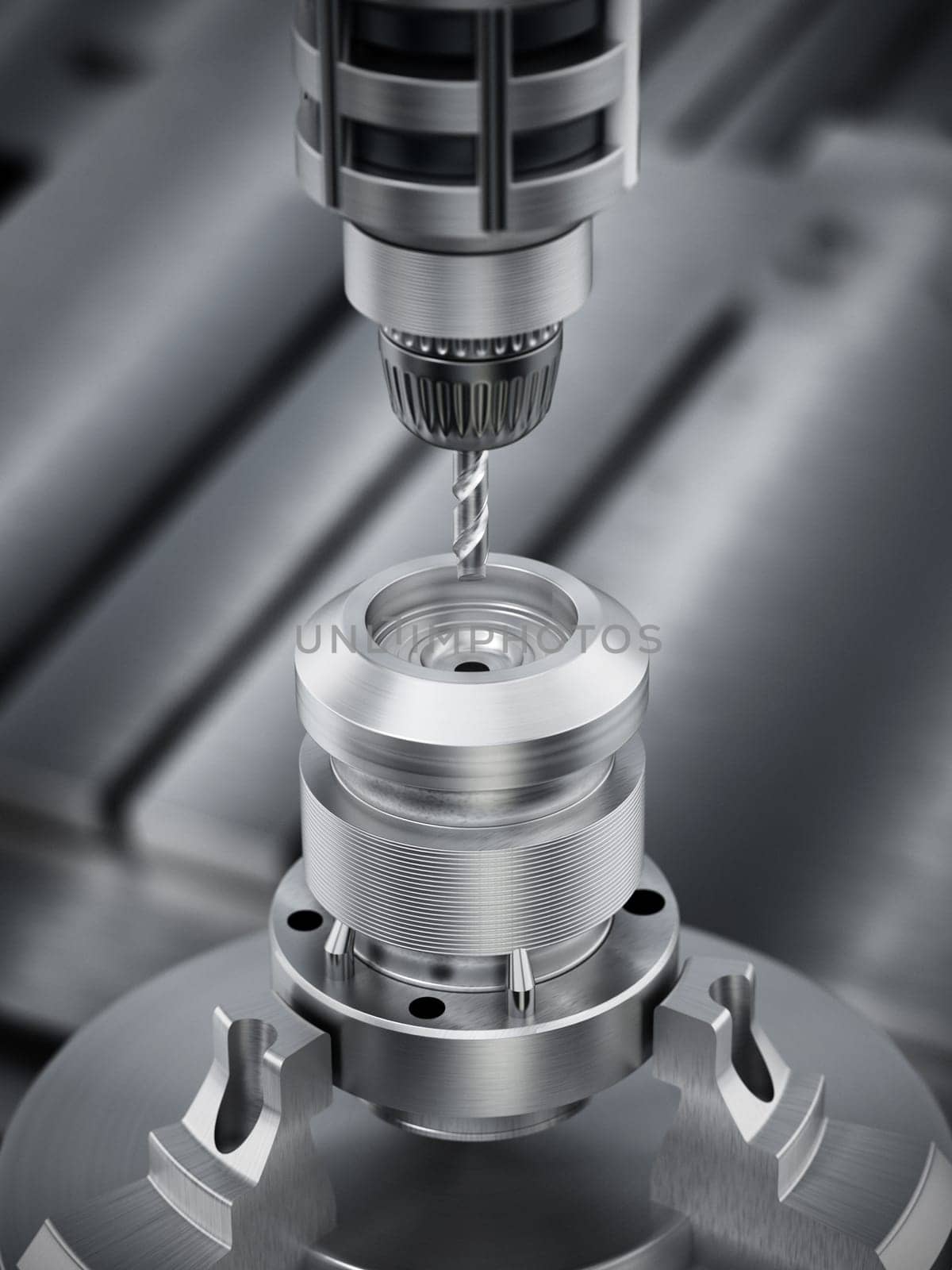 Closeup of generic CNC drill equipment. 3D illustration.