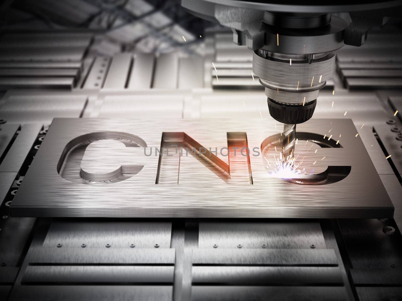 Closeup of generic CNC drill equipment. 3D illustration.